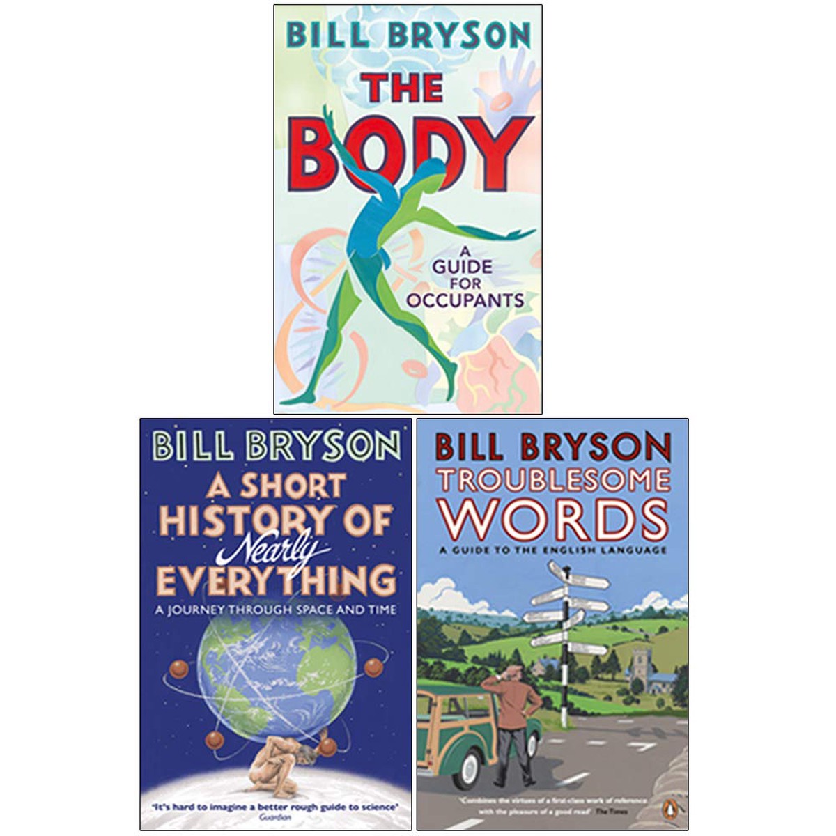Bill Bryson 3-Book Collection Set - The Body A Guide for Occupants, A Short History of Nearly Everything, Troublesome Words - Non Fiction - Mixed Format