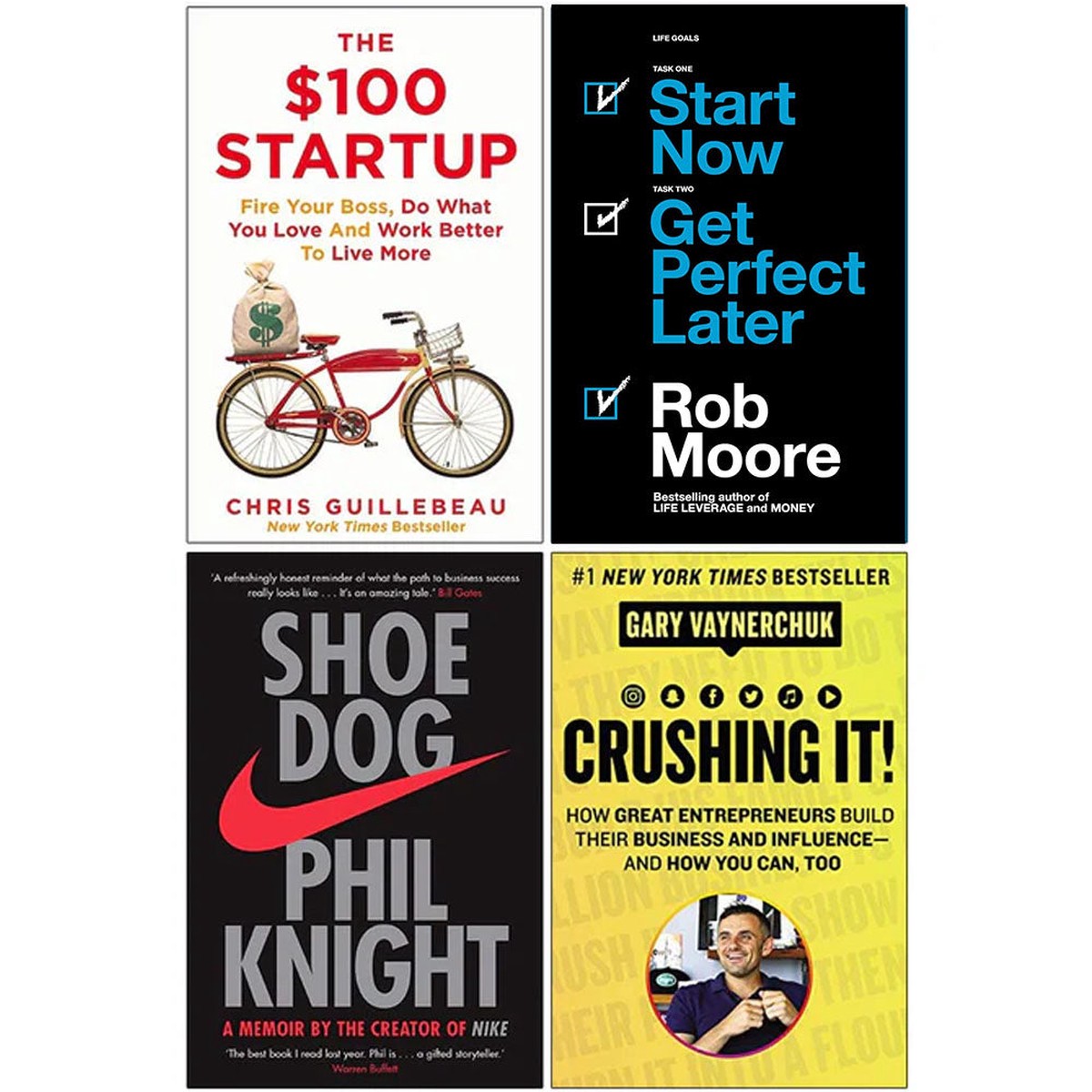 The $100 Startup, Start Now Get Perfect Later, Shoe Dog, Crushing It 4 Books Collection Set - Non Fiction - Paperback